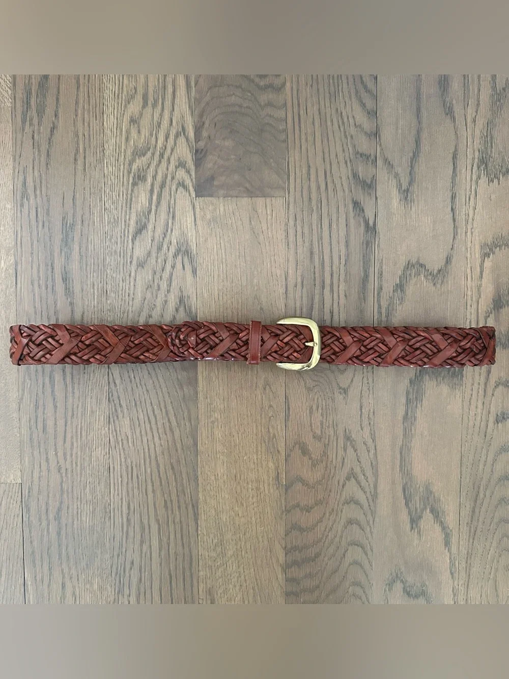 Vintage Talbots Braided Leather Belt Solid Brass Square Buckle Warm Brown Large